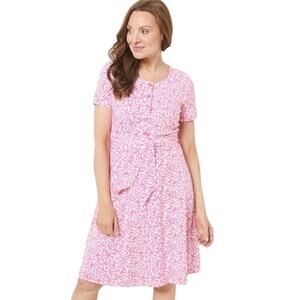 ISAAC MIZRAHI Dress 2XP Petite Plus Size Bow Belt Rose Print Pink Short Sleeve